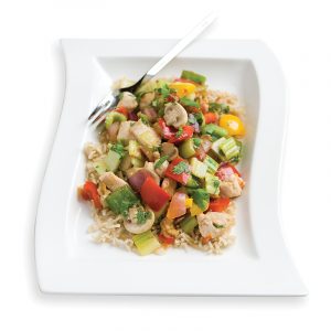 A plate of chicken and pepper stir fry