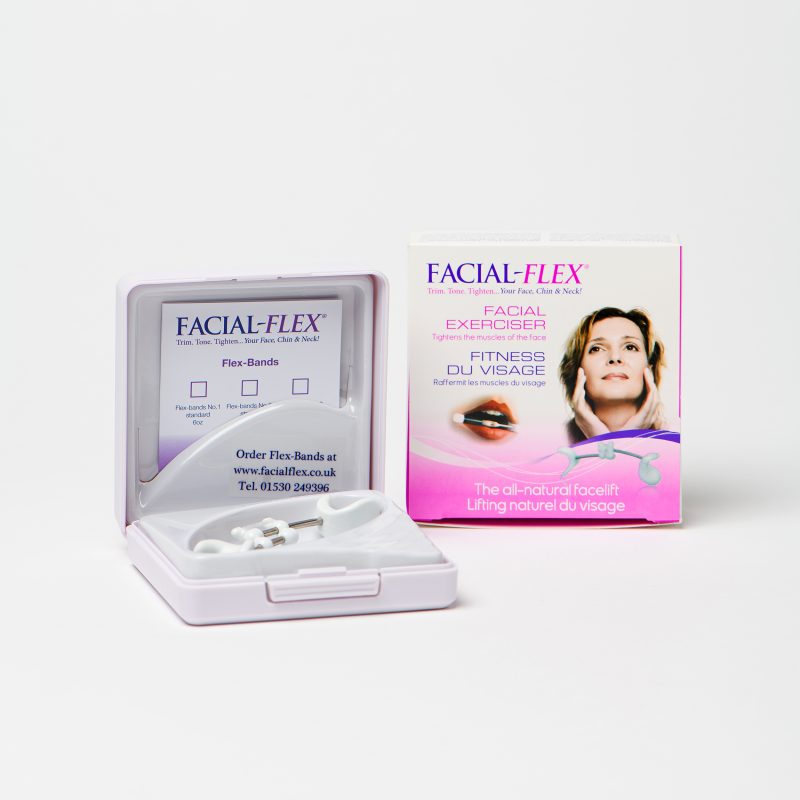 Image of an open box containing a Facial Flex Facial Exerciser also showing the outer packaging
