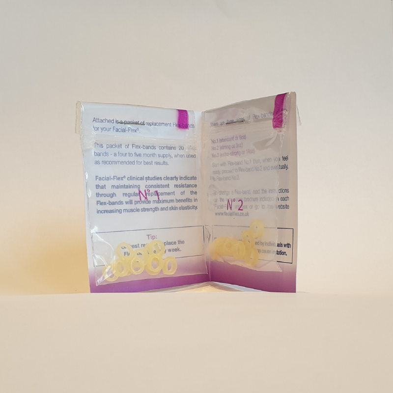 Card with packets of No 1 and No. 2 Facial Flex bands stapled to it