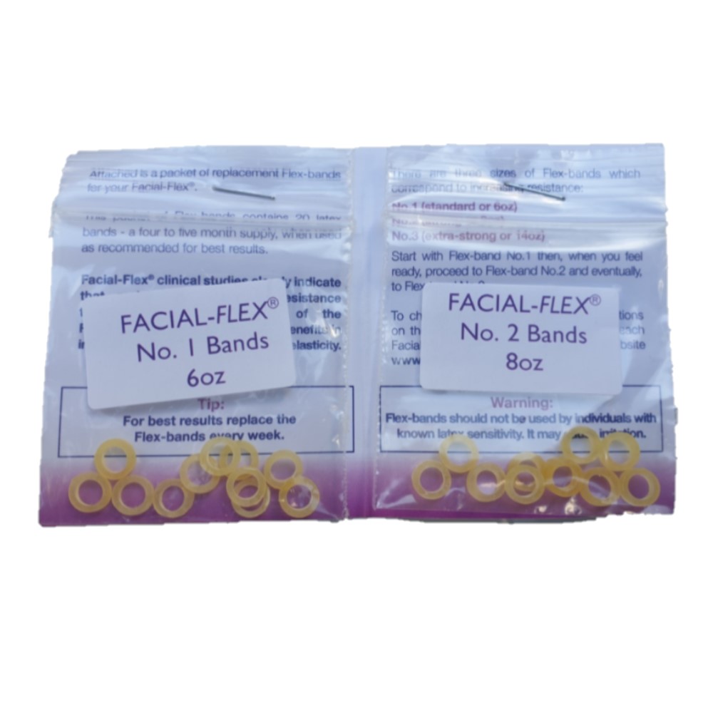 Image shows a card with two packets of latex Facial Flex Bands tapled to it