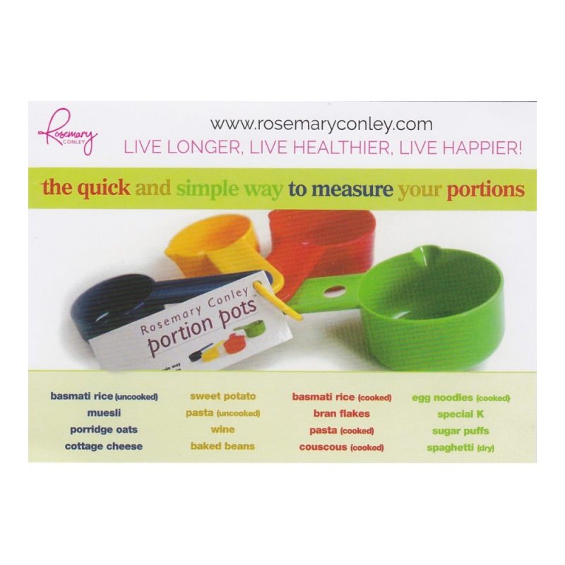 Front of a Portion Pot instruction card showing a picture of the pots