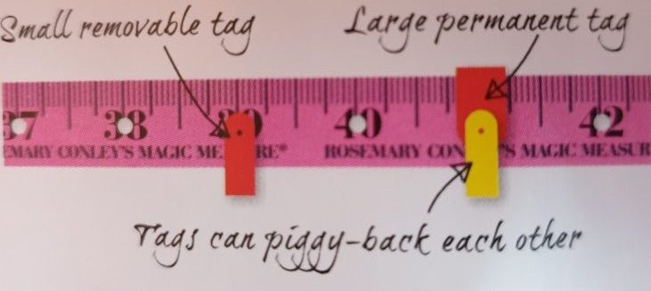 Close up of a Magic Measure tape showing how the tags attach to the tape