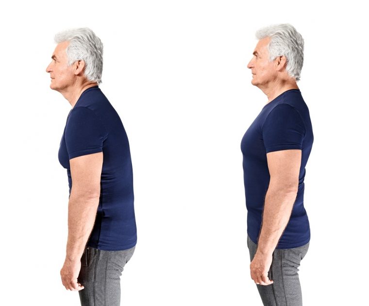 Mature man with poor and good posture on white background