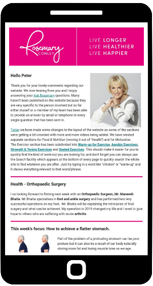Rosemary Conley's weekly newsletter on a representation of a smart phone