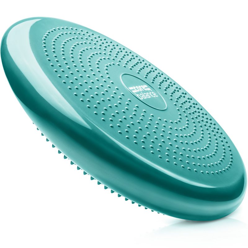 Angled view of a teal inflatable balance cushion