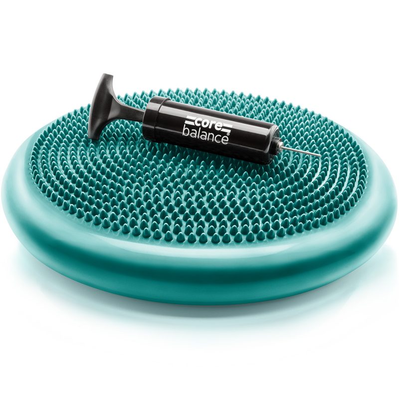 An inflatable balance cushion with the pump that is supplied with it