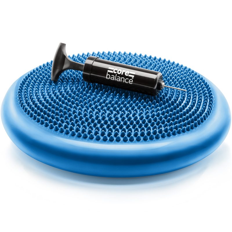 Core Balance inflatable cushion with the lymph-stimulating bobble side up showing the inflation pump resting on the cushion