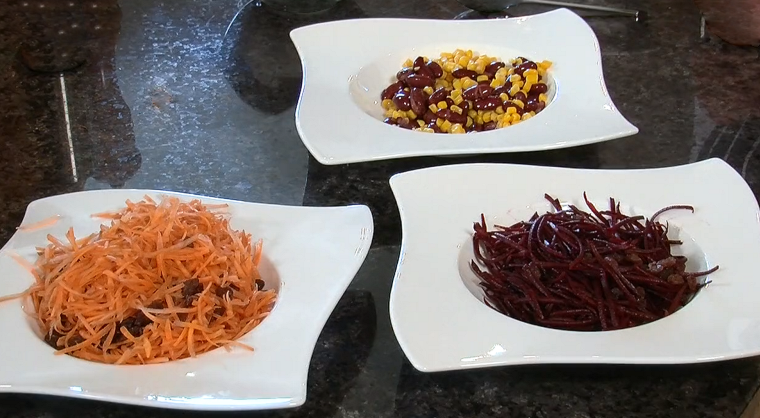 Three dishes with Carot & Sultana Salad, Beetroot Salad and Sweetcorn & Kidney Bean Salad