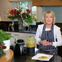 Rosemary Conley cooking Curried Parsnip Soup in her kitchen