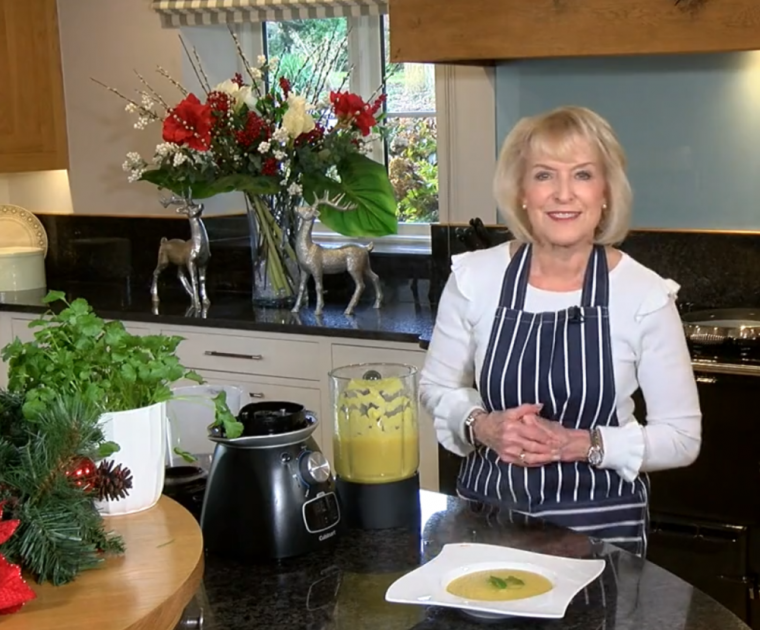 Rosemary Conley cooking Curried Parsnip Soup in her kitchen