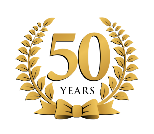 Text saying "50 Years" surrounded by a gold wreath as a 50th anniversary logo