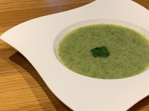 Broccoli & Stilton Soup in a white bowl