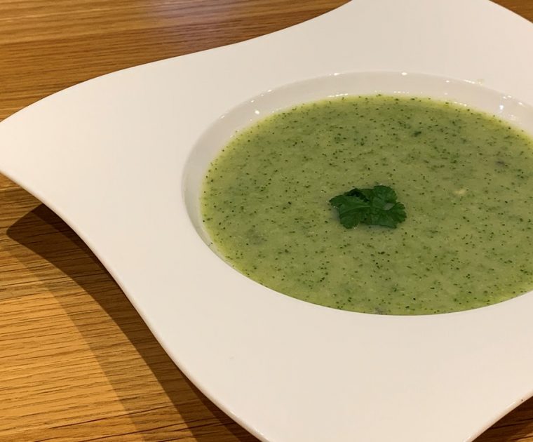 Broccoli & Stilton Soup in a white bowl
