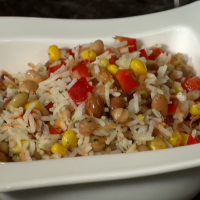 Rice and Bean Salad in a square white bowl