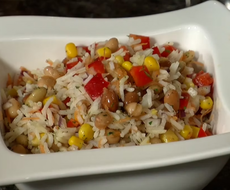 Rice and Bean Salad in a square white bowl