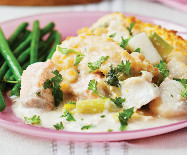 Horseradish Fish Pie on a pink plate