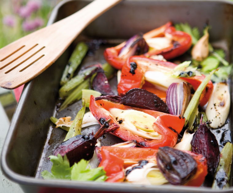Marinated Roast Vegetables in a roasting pan