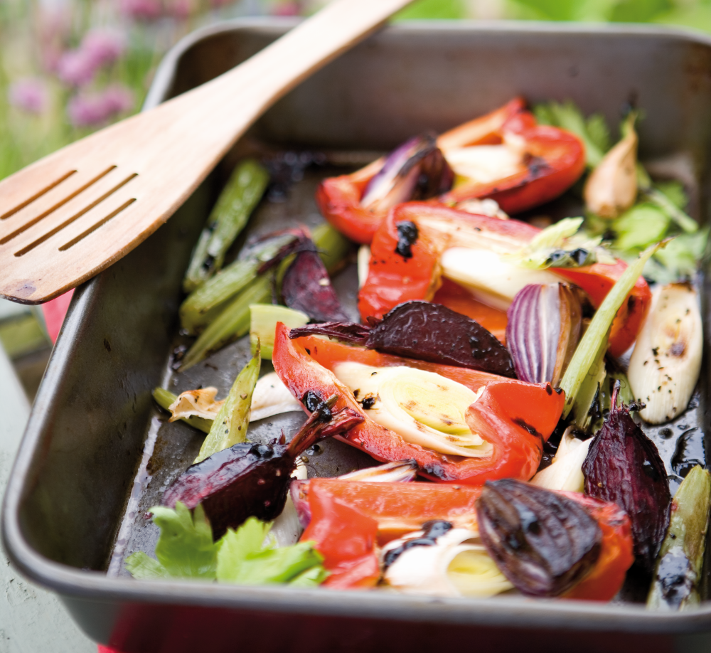 Marinated Roast Vegetables in a roasting pan