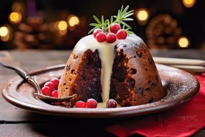 Low-fat Brandy Sauce drizzles down a small Christmas Pudding decorated with redcurrants
