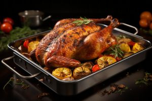 A tradional golden Roast Turkey in an oven-tray sat on a bed of fruits and herbs.